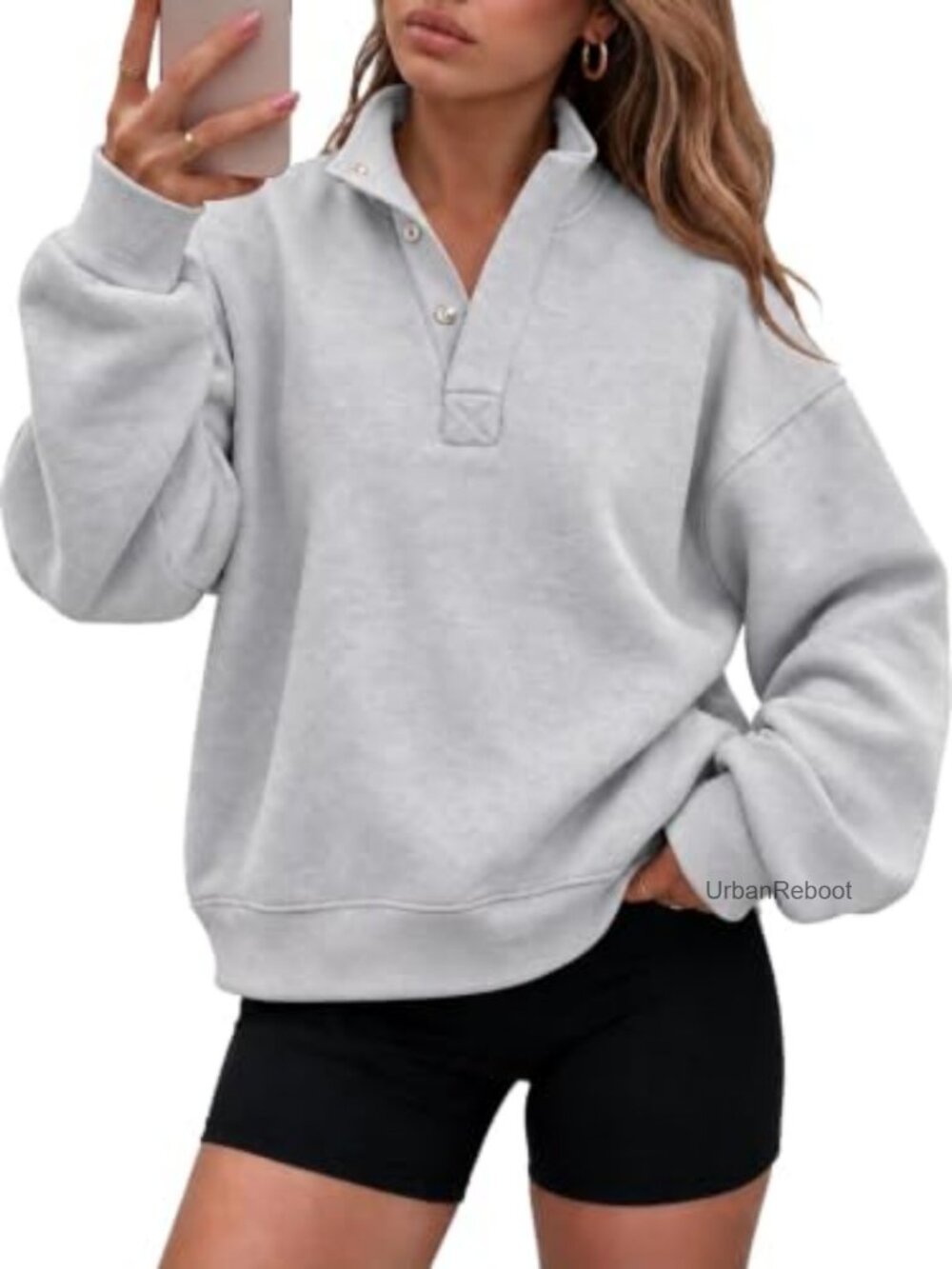 Oversized Cropped Fleece Sweatshirt Mock Neck Snap Pullover